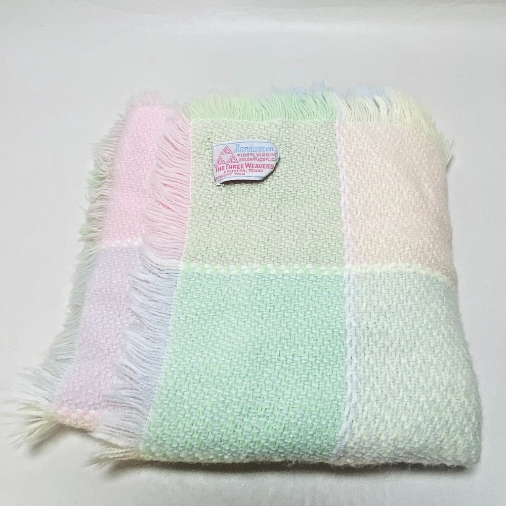 Vintage Three Weavers (Houston) Woven Baby Blanket Vintage 33"x30" Pastel‎ Plaid